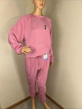 Pink Cropped Crewneck Sweatshirt with White Piping matching pants included